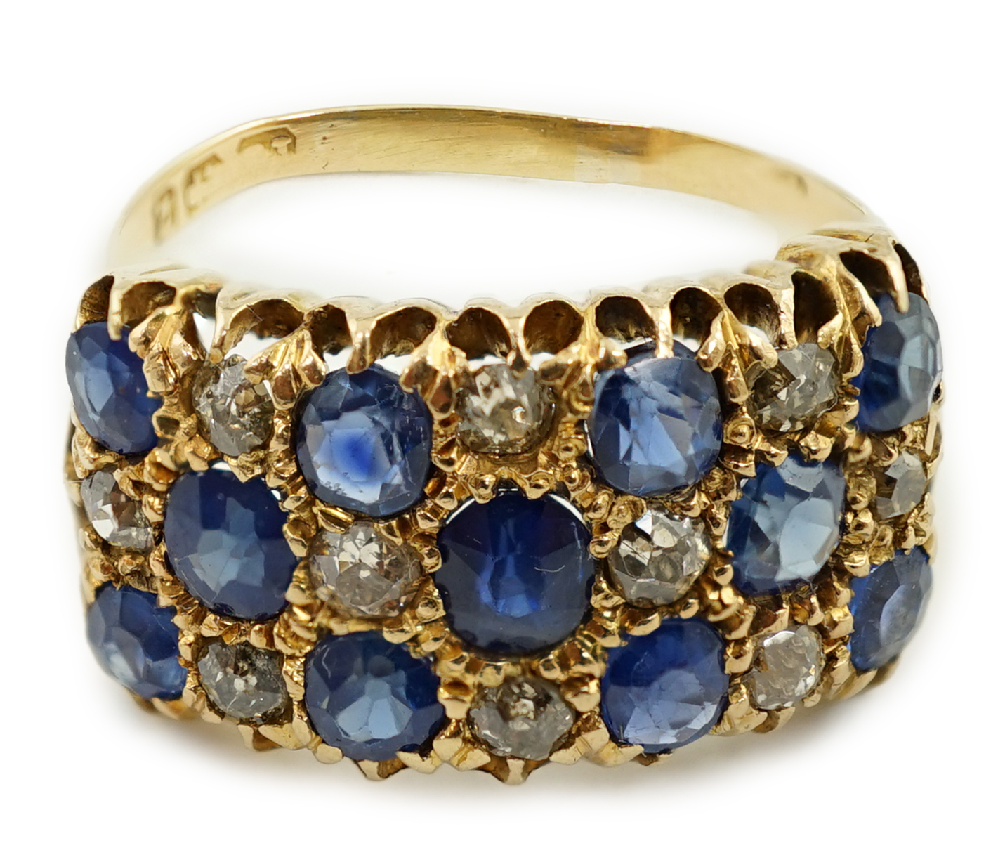 A late Victorian gold, sapphire and diamond rectangular cluster ring